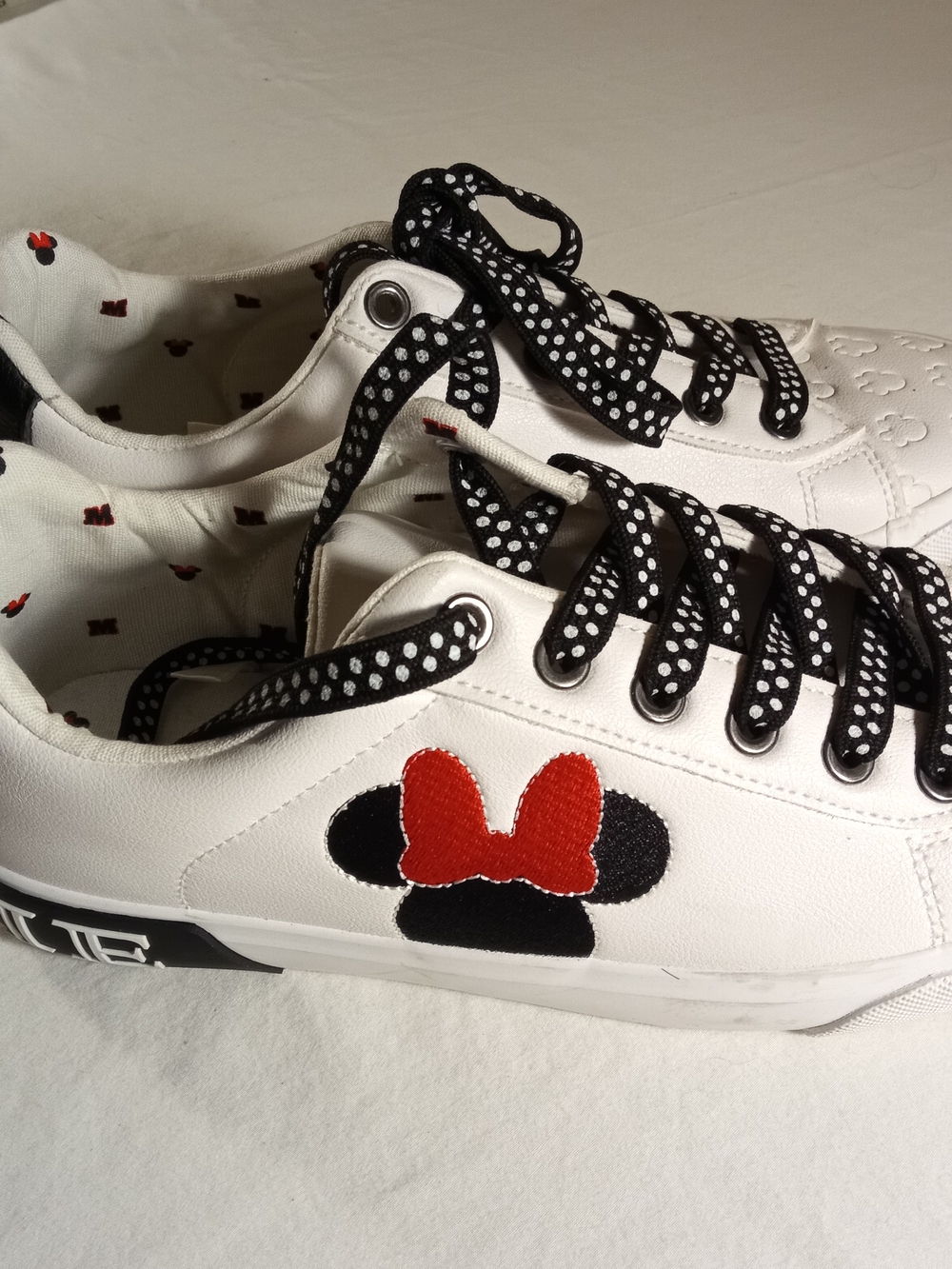 Disney White Kids Sneakers with Black Polka Laces & Red Minnie Bow
